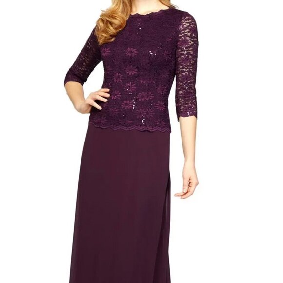 Alex Evenings Plum Sparkle Mock Two Piece Sequin Lace & Chiffon Gown - Picture 1 of 4